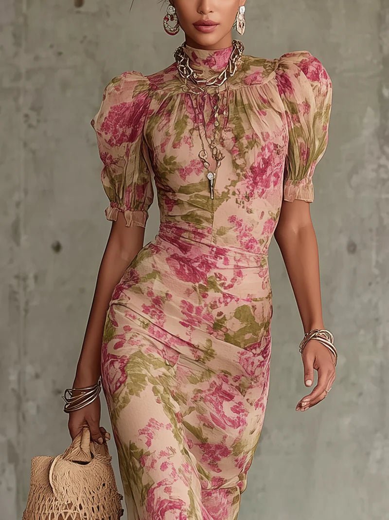 Valentina | Vestido Maxi Floral com Mangas Bufantes que Encanta à Primeira Vista
