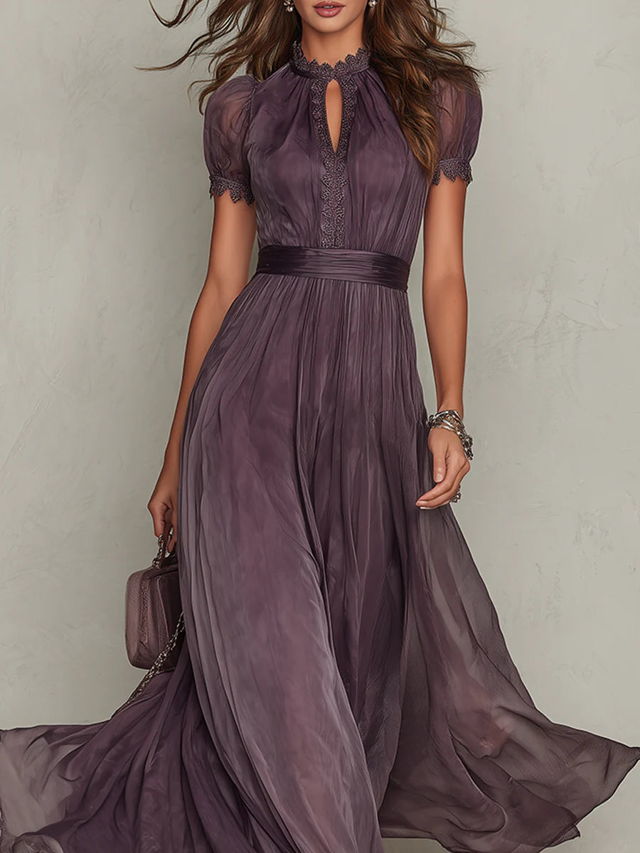 Florbela | Vestido Maxi de Chiffon Roxo com Renda e Decote Gota Vintage