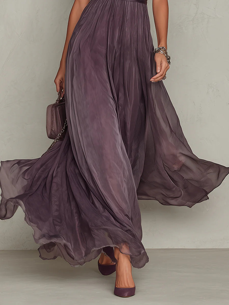 Florbela | Vestido Maxi de Chiffon Roxo com Renda e Decote Gota Vintage