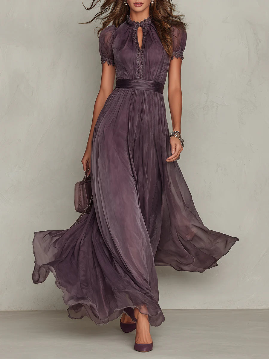 Florbela | Vestido Maxi de Chiffon Roxo com Renda e Decote Gota Vintage