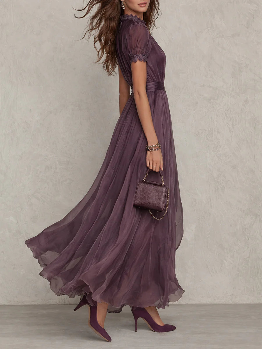 Florbela | Vestido Maxi de Chiffon Roxo com Renda e Decote Gota Vintage