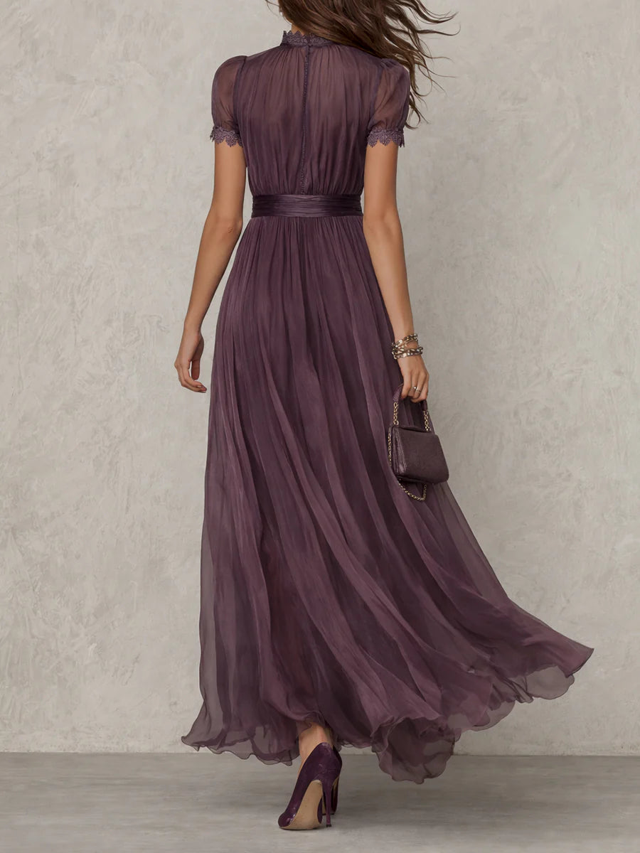 Florbela | Vestido Maxi de Chiffon Roxo com Renda e Decote Gota Vintage