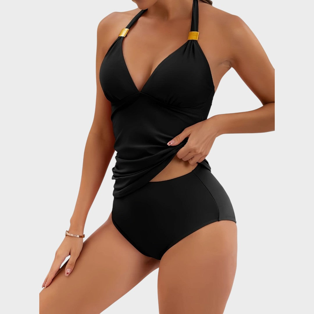Lía | Maiô Modelador com Detalhes Dourados e Franzidos Elegantes