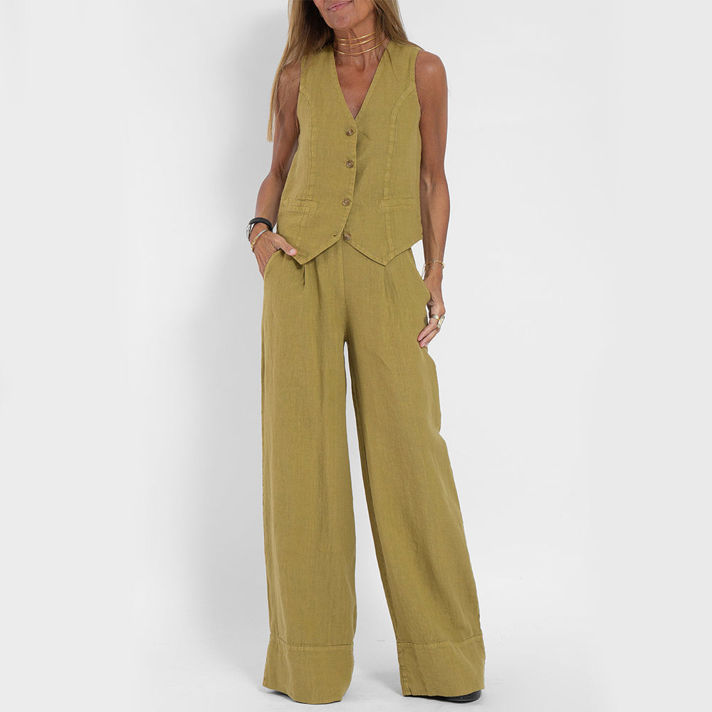 Mary | Conjunto de Casaco e Calça de Linho Natural com Botões de Madeira