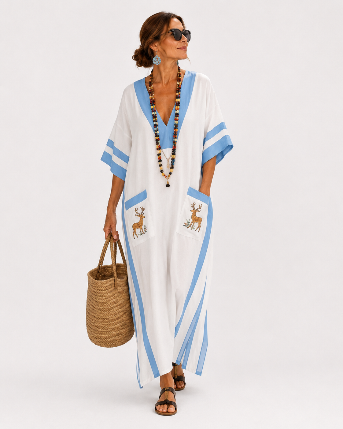 Caftan Alba Branco com Listras Azuis