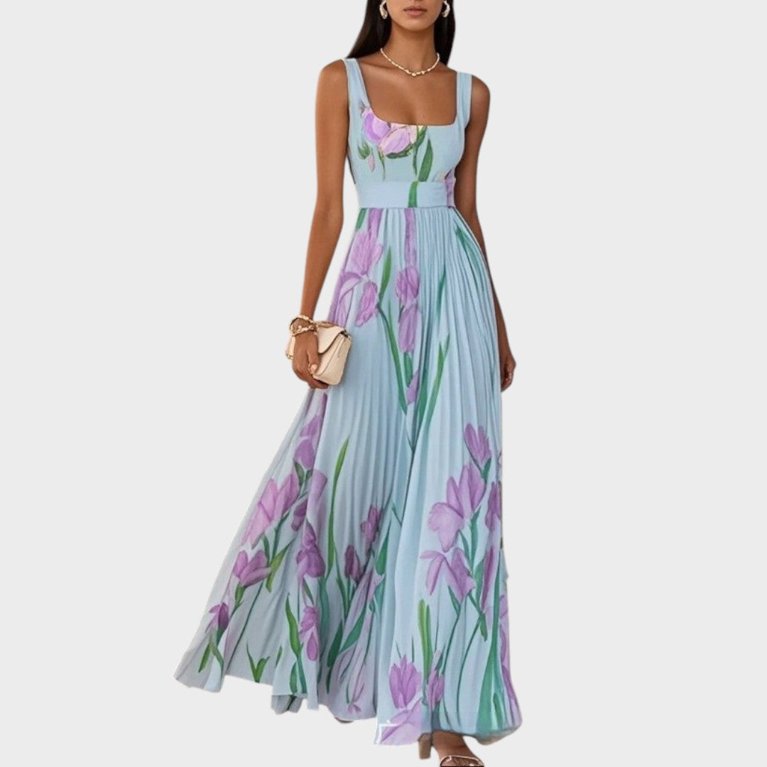Luxe | Vestido Longo Plissado com Decote Quadrado e Flores em Chiffon