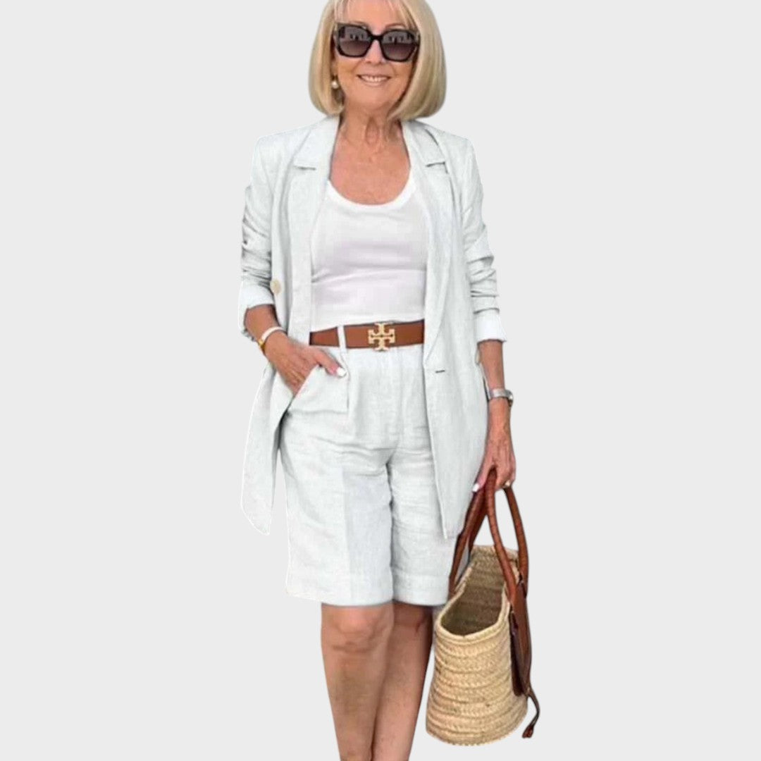 Riley | Conjunto de Linho com Blazer de Manga 3/4 e Short de Cintura Alta