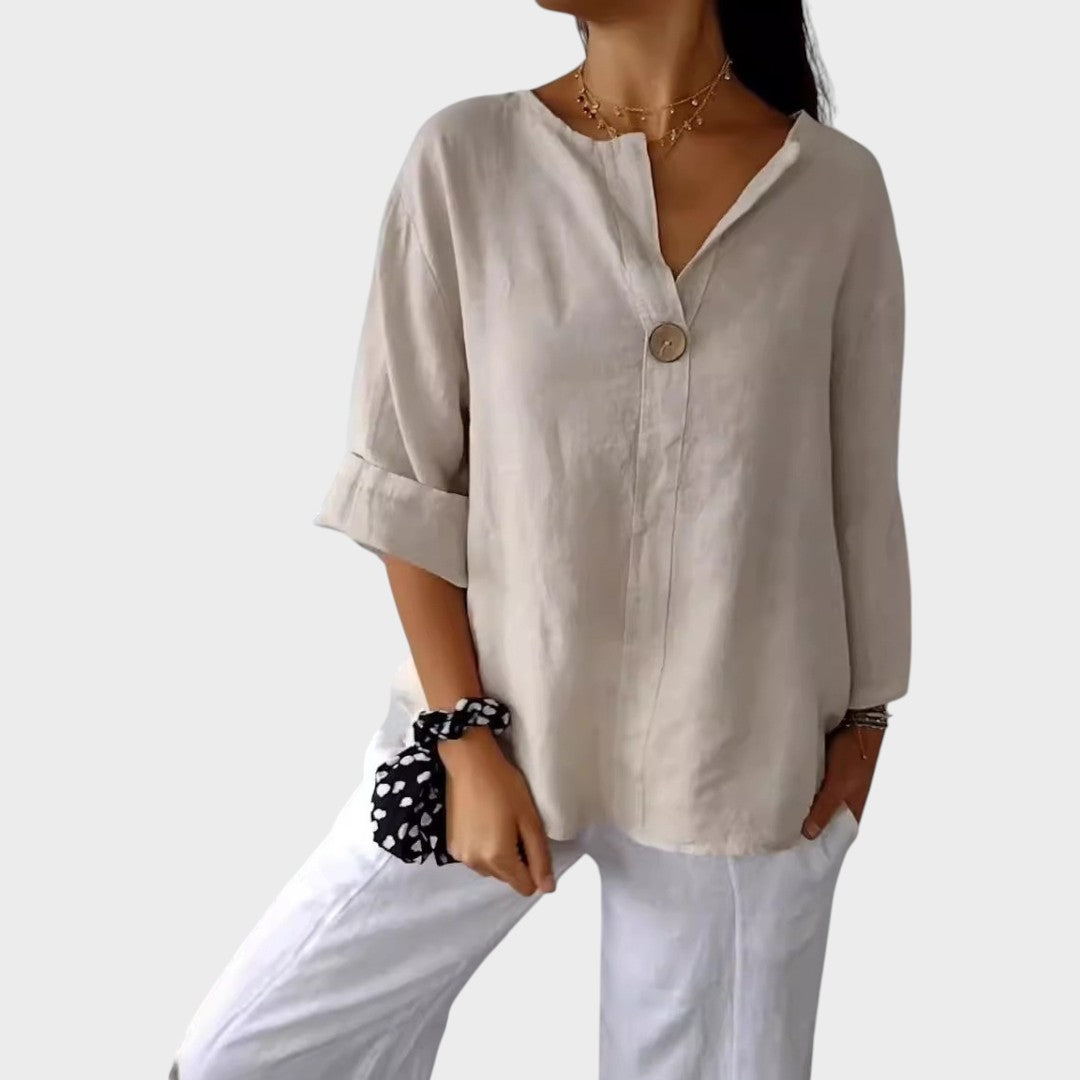 Zamma | Blusa de Linho com Decote V e Elegância Descontraída