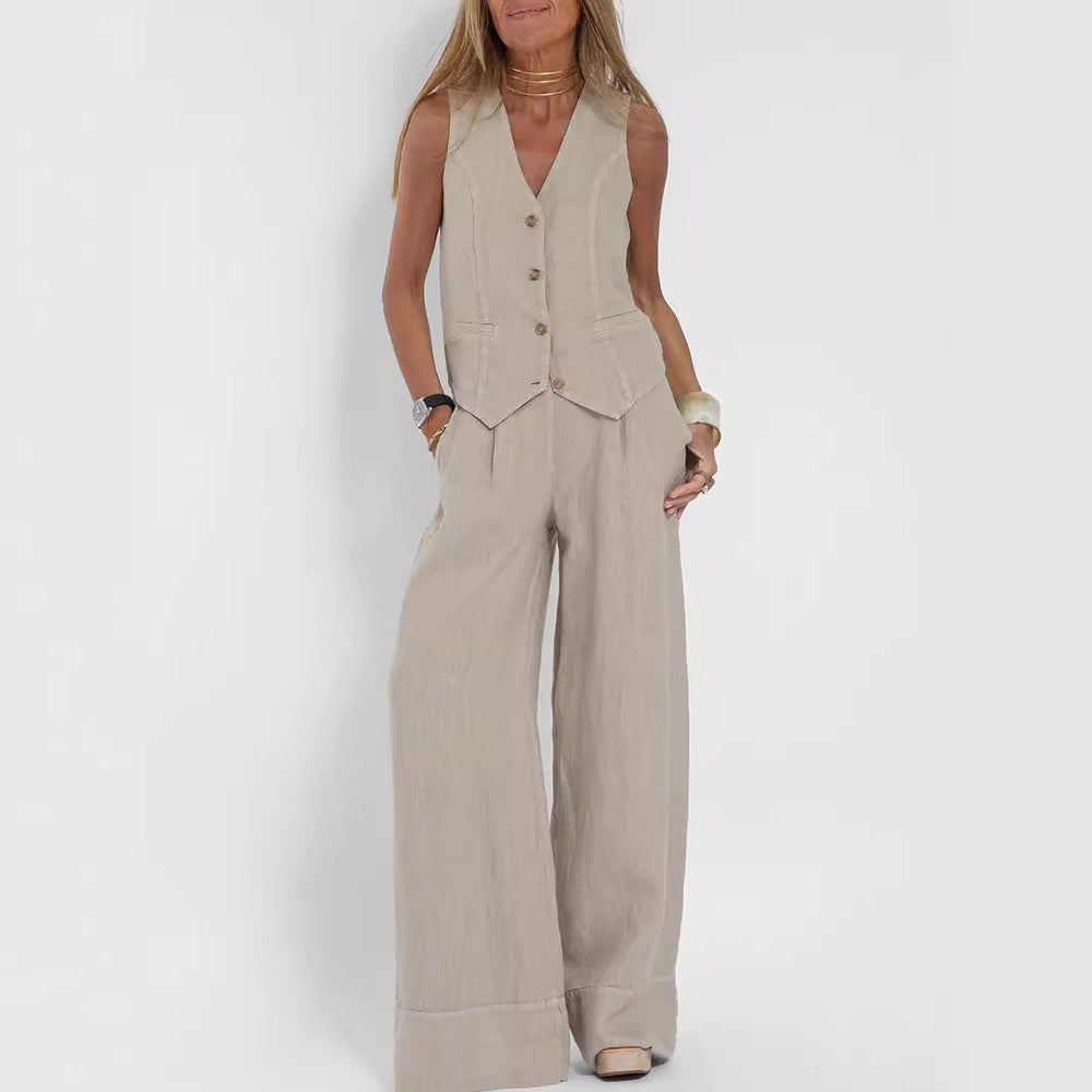 Mary | Conjunto de Casaco e Calça de Linho Natural com Botões de Madeira