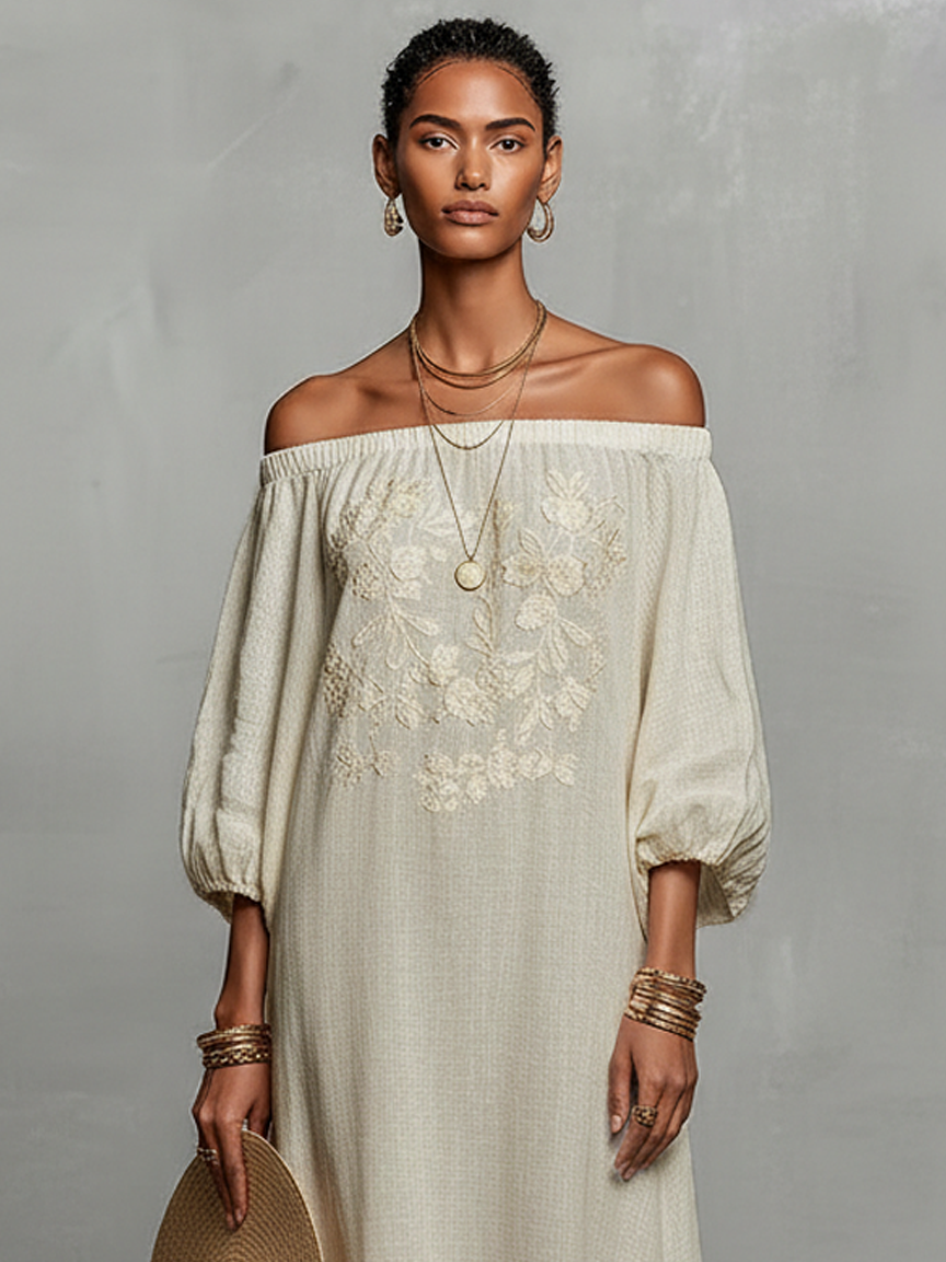 Constanza | Vestido Maxi con Hombros Descubiertos y Bordado Delicado