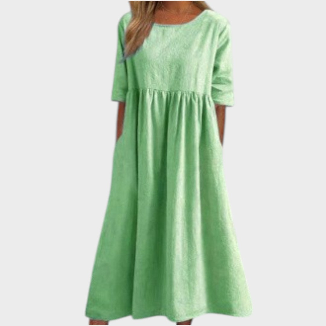 Lucia | Vestido de Algodão com Gola Redonda e Detalhe na Cintura