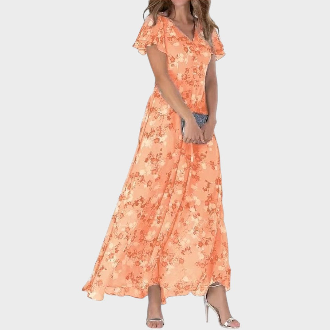 Esme | Vestido Floral com Babados, Decote em V e Mangas Curtas Soltas