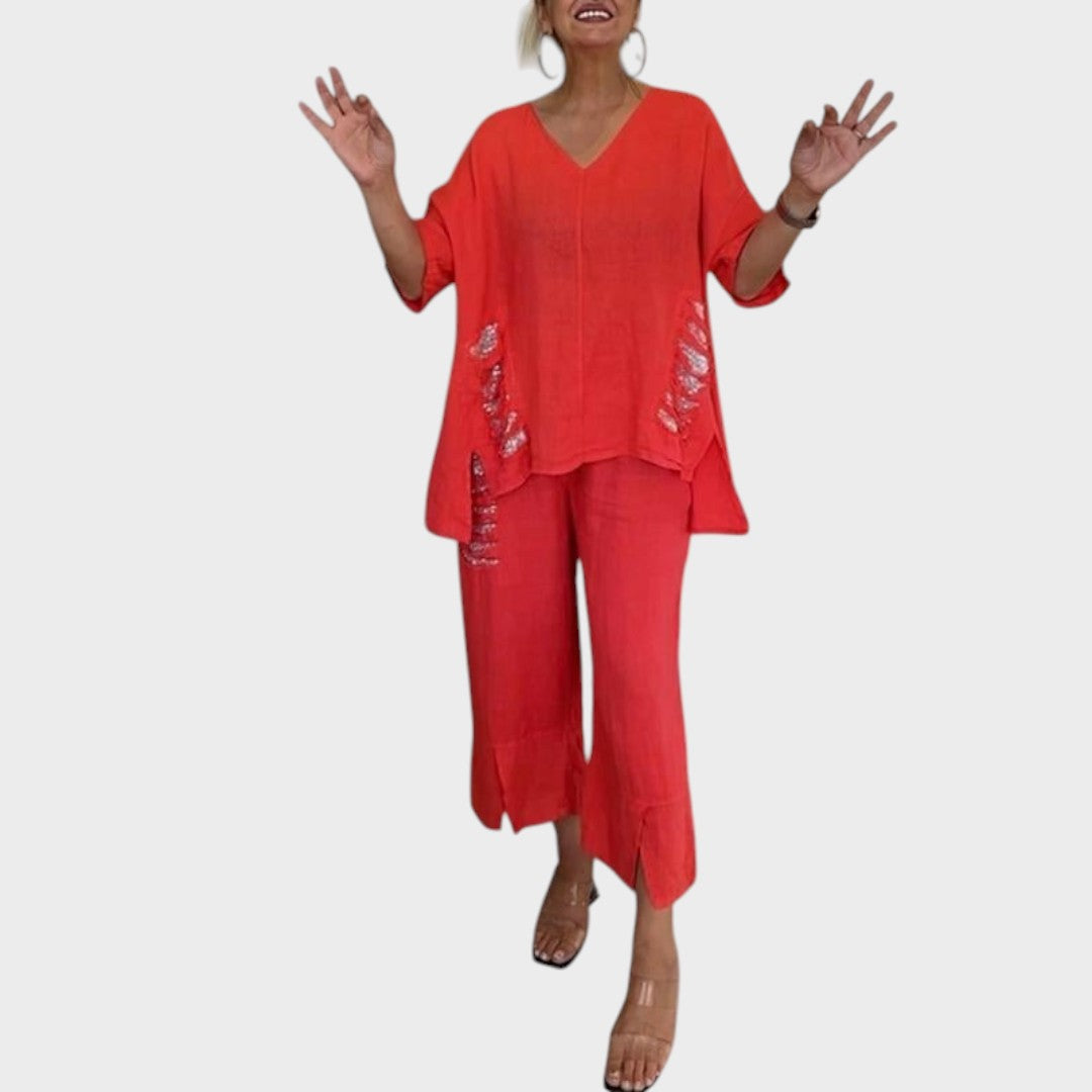 Bianca | Conjunto de Duas Peças de Algodão e Linho com Decote V e Calça Ampla