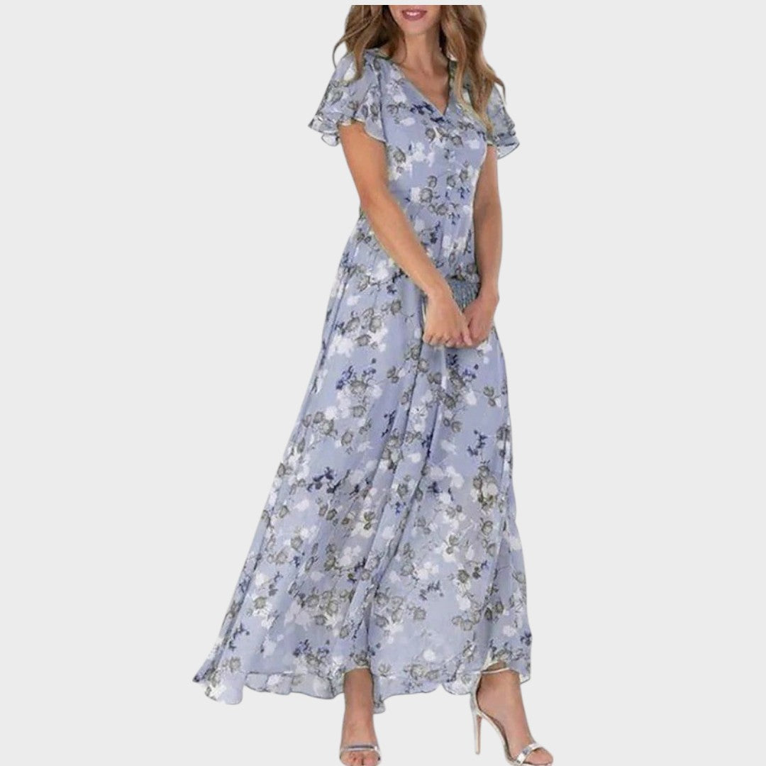 Esme | Vestido Floral com Babados, Decote em V e Mangas Curtas Soltas