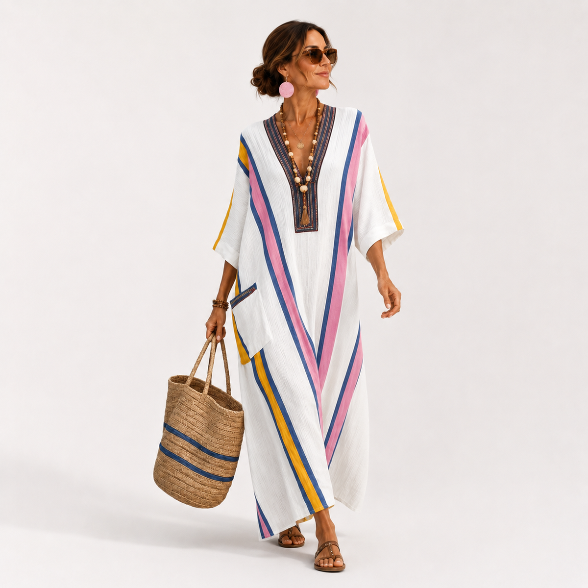 Caftan Sara Branco Multicolorido