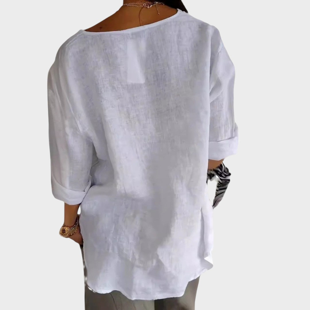 Zamma | Blusa de Linho com Decote V e Elegância Descontraída