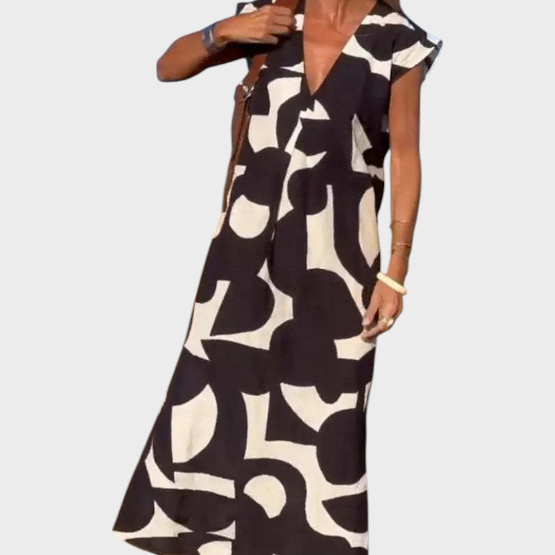 Mebelle | Vestido Midi com Decote em V e Estampa Gráfica em Preto e Branco