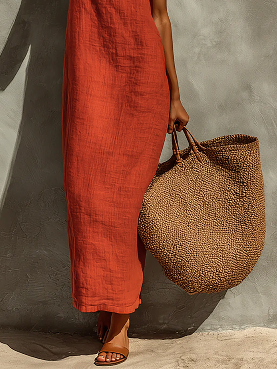 Vestido de Algodão com Alças Finas e Decote Quadrado, Estilo Boho-Resort Atemporal