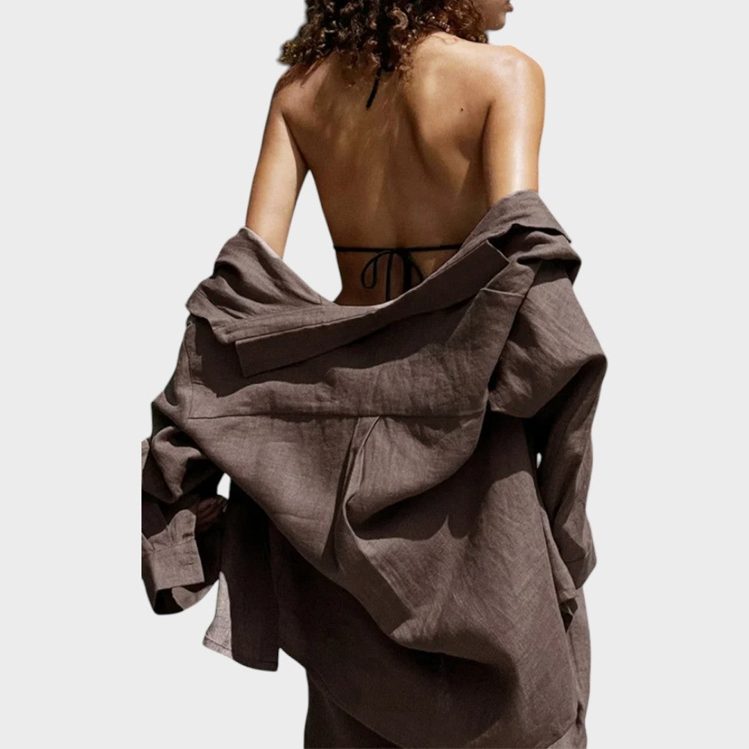 Luna | Conjunto de 3 Peças em Algodão com Camisa Listrada, Cropped e Calça Pantalona