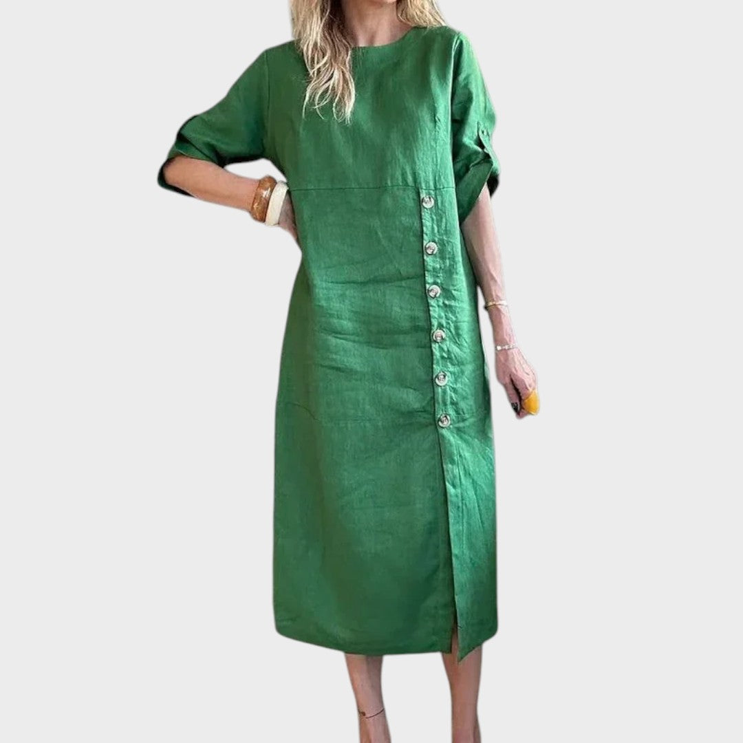 Adélia | Vestido de Algodão e Linho com Botões