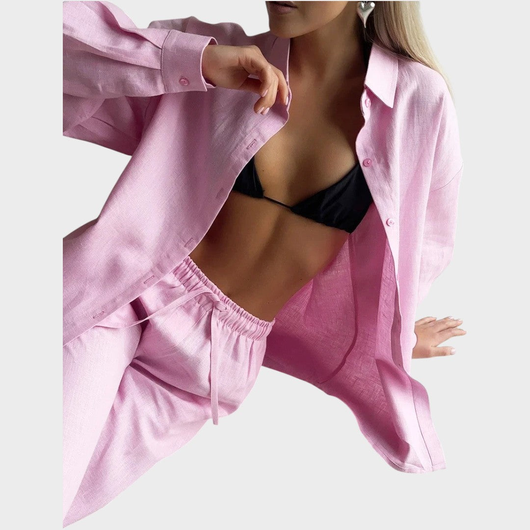 Luna | Conjunto de 3 Peças em Algodão com Camisa Listrada, Cropped e Calça Pantalona