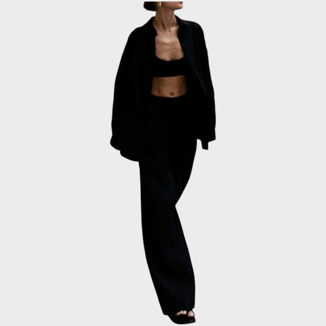 Luna | Conjunto de 3 Peças em Algodão com Camisa Listrada, Cropped e Calça Pantalona