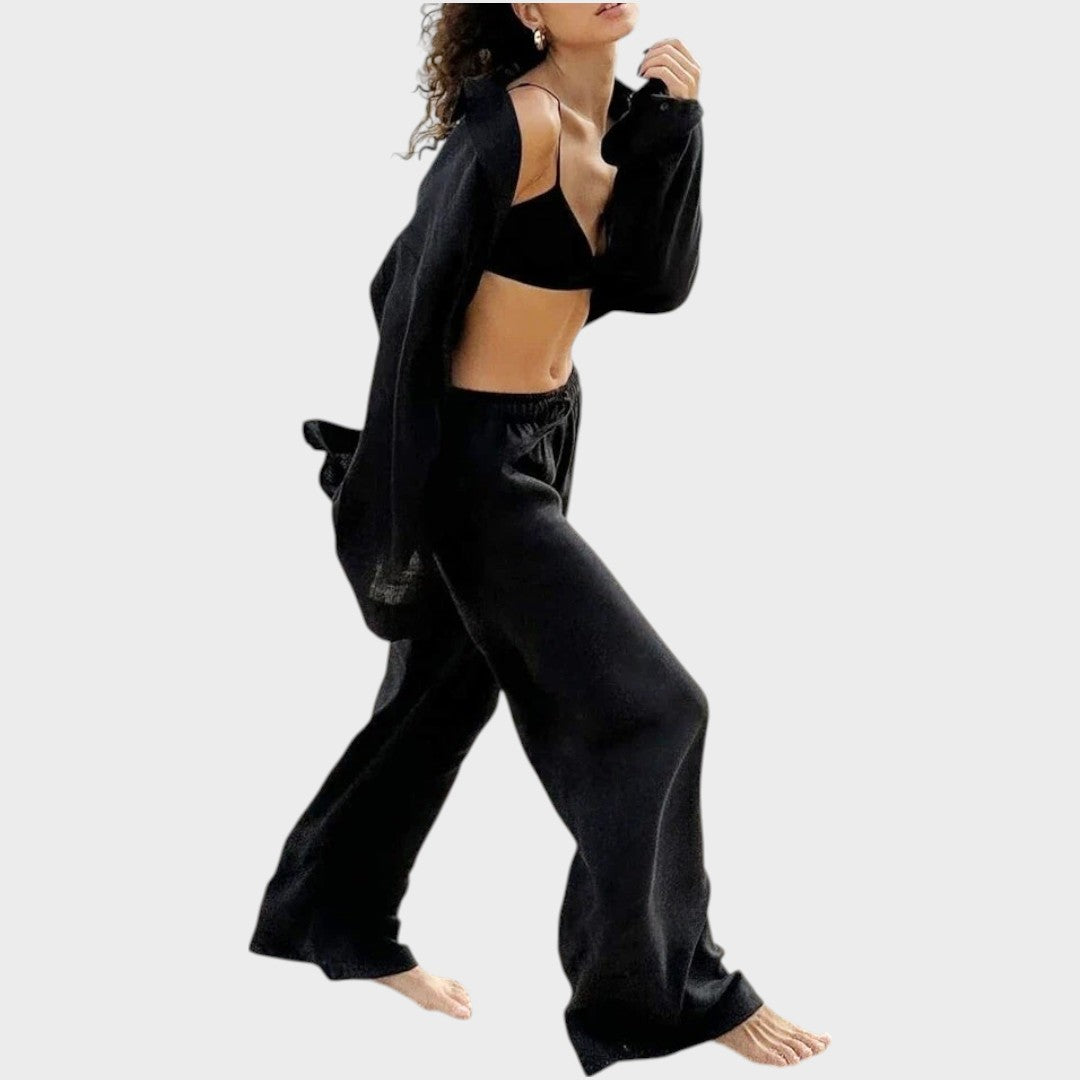 Luna | Conjunto de 3 Peças em Algodão com Camisa Listrada, Cropped e Calça Pantalona