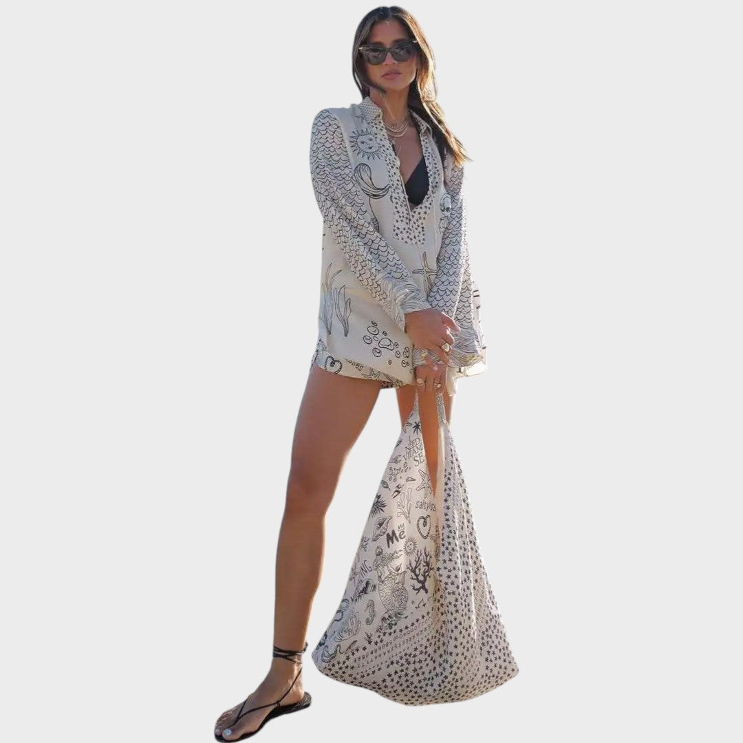 Arial | Conjunto de Camisa Listrada e Shorts com Decote em V para Dias de Praia