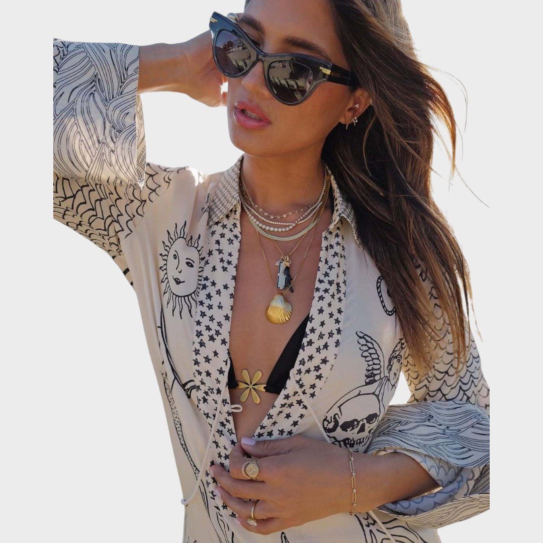 Arial | Conjunto de Camisa Listrada e Shorts com Decote em V para Dias de Praia