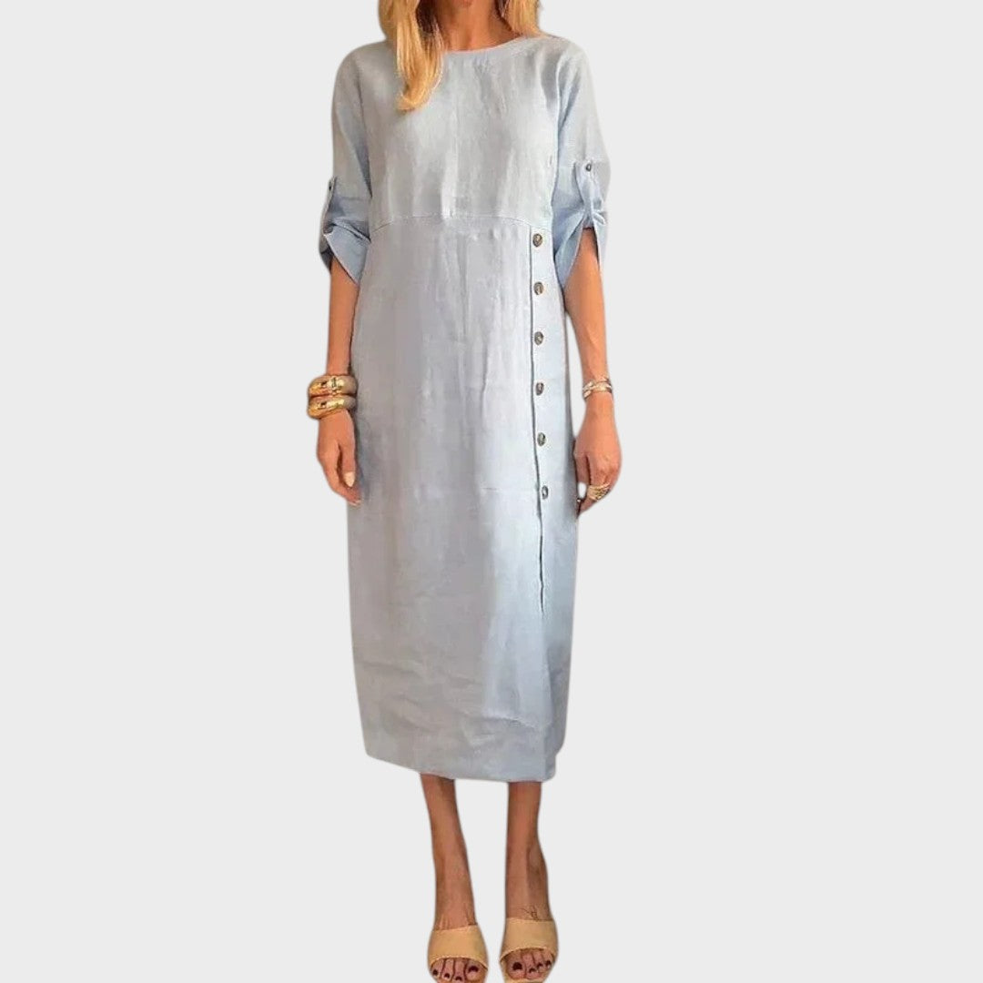 Adélia | Vestido de Algodão e Linho com Botões