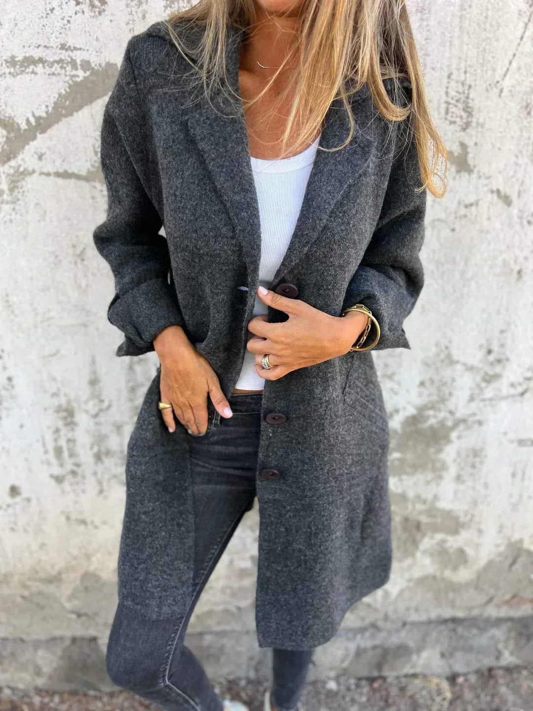 Baylea - Casaco Longo Casual de Lã com Lapela e Abotoamento Simples