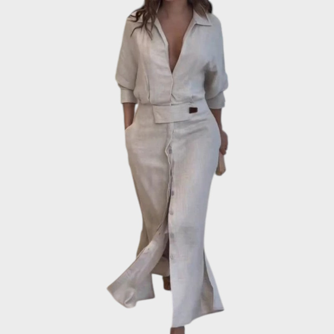 Jeanette | Vestido Longo de Linho com Decote em V e Corte Solto