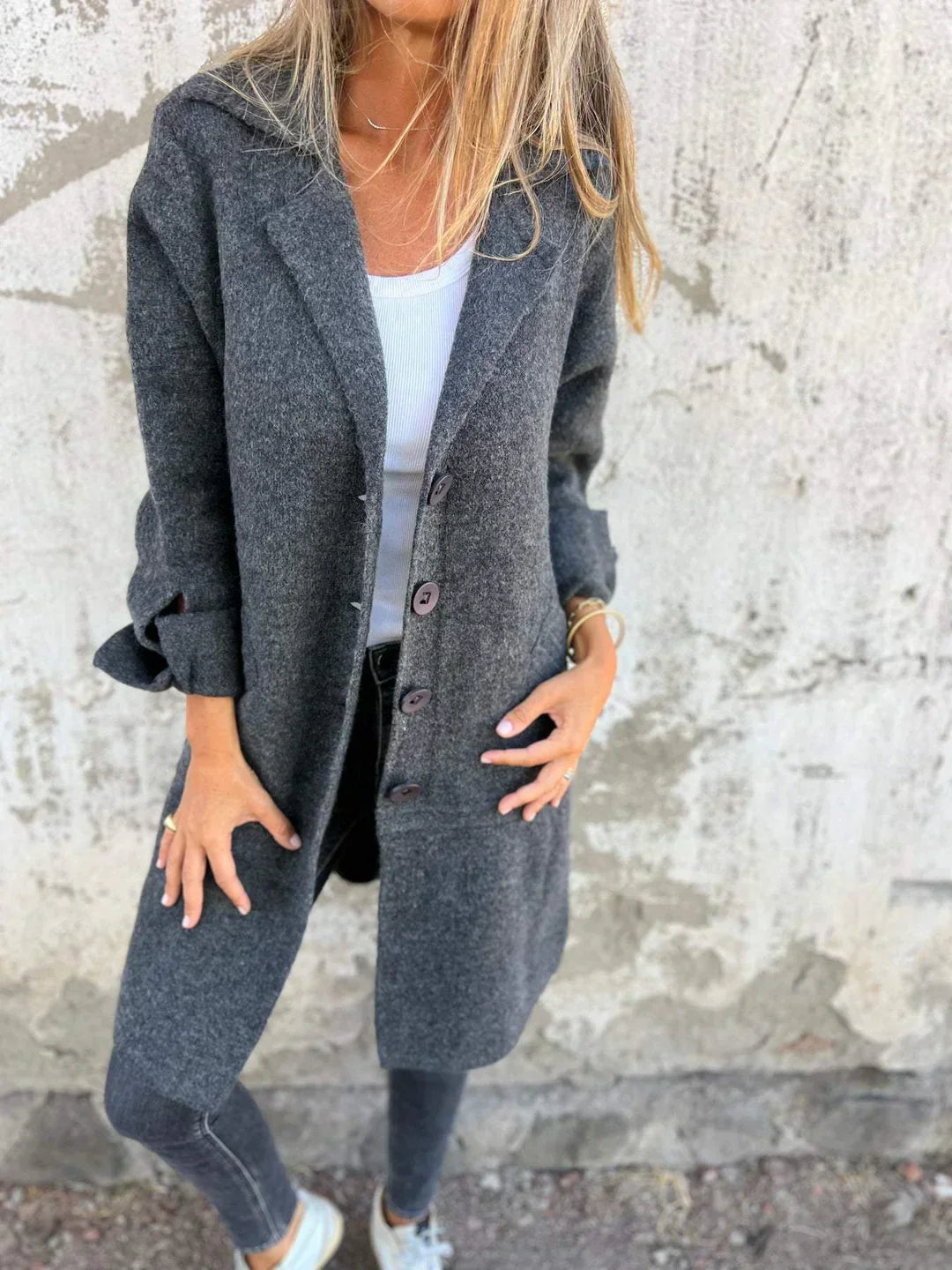 Baylea - Casaco Longo Casual de Lã com Lapela e Abotoamento Simples