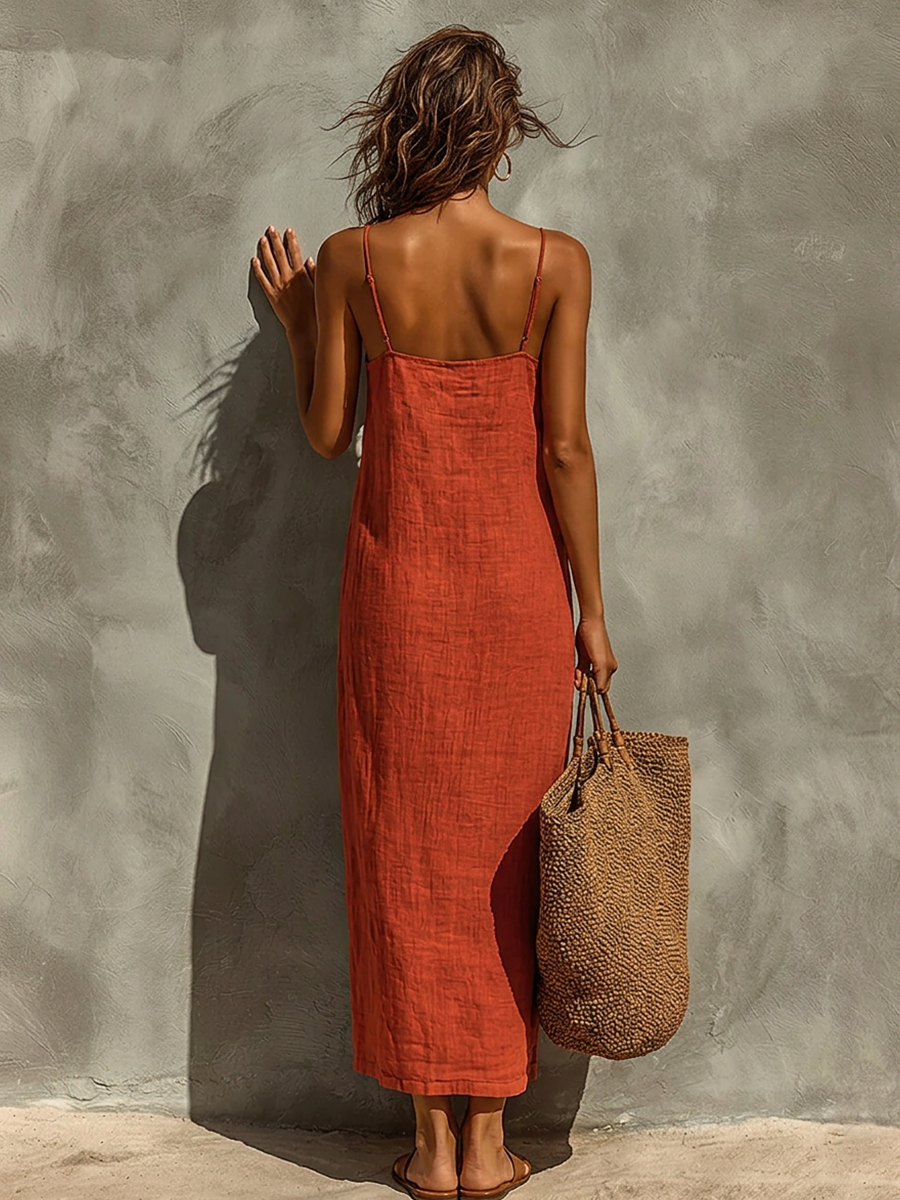 Vestido de Algodão com Alças Finas e Decote Quadrado, Estilo Boho-Resort Atemporal