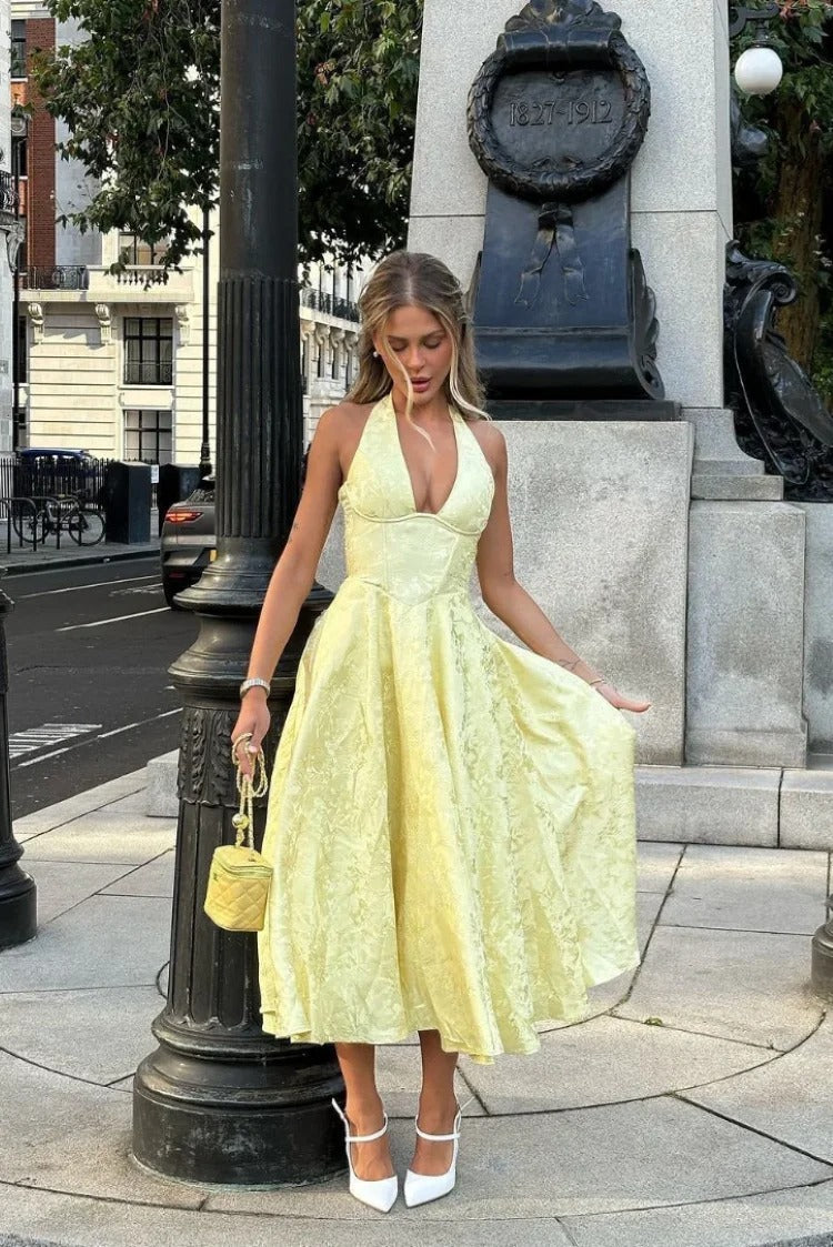 VIOLAINE™ – Vestido de Noche con Escote en V, Cuello Halter y Bordado