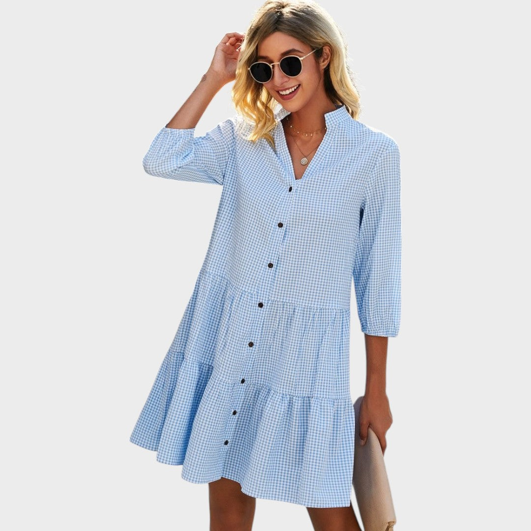 Shanna | Vestido Midi Fluido com Estampa Xadrez Vichy e Botões na Frente