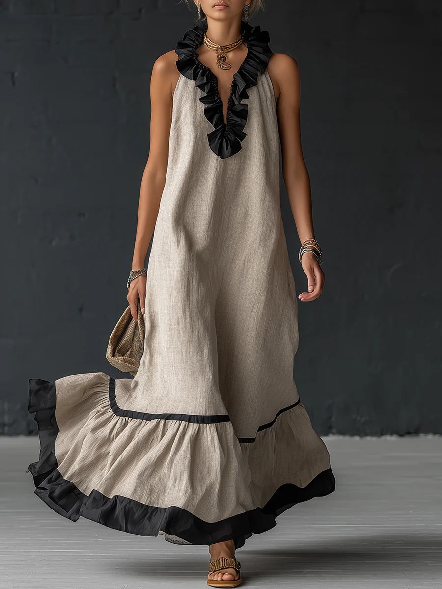 Sofia | Vestido Maxi com Babados e Detalhe Bicolor