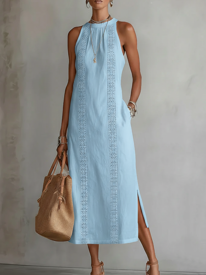 Beatriz | Vestido Midi de Linho com Renda e Gola Alta