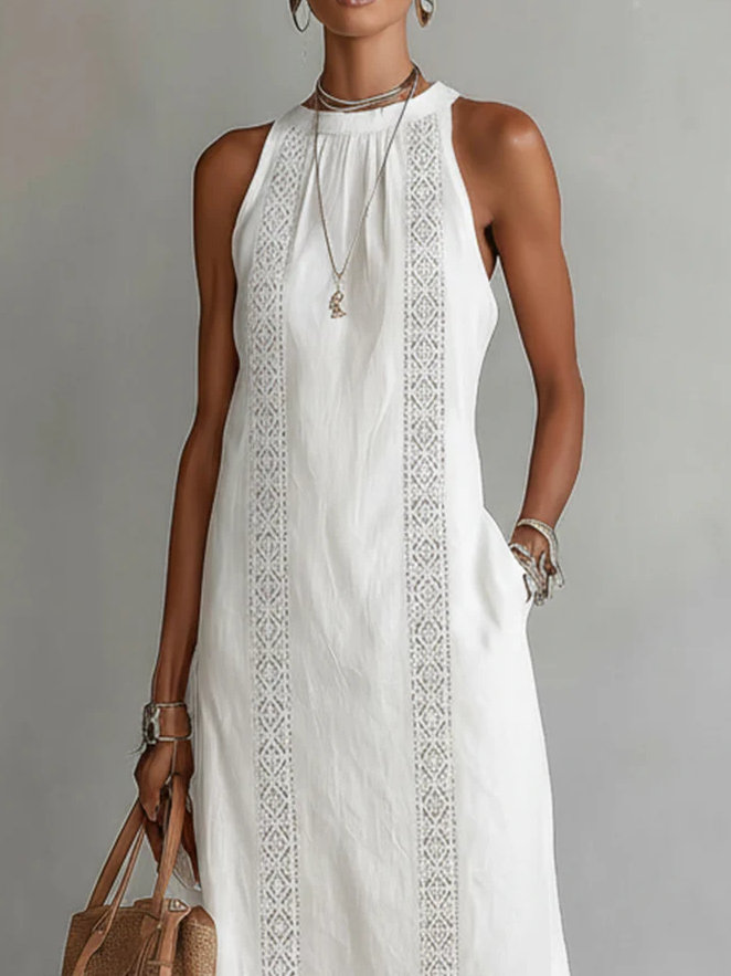 Beatriz | Vestido Midi de Linho com Renda e Gola Alta