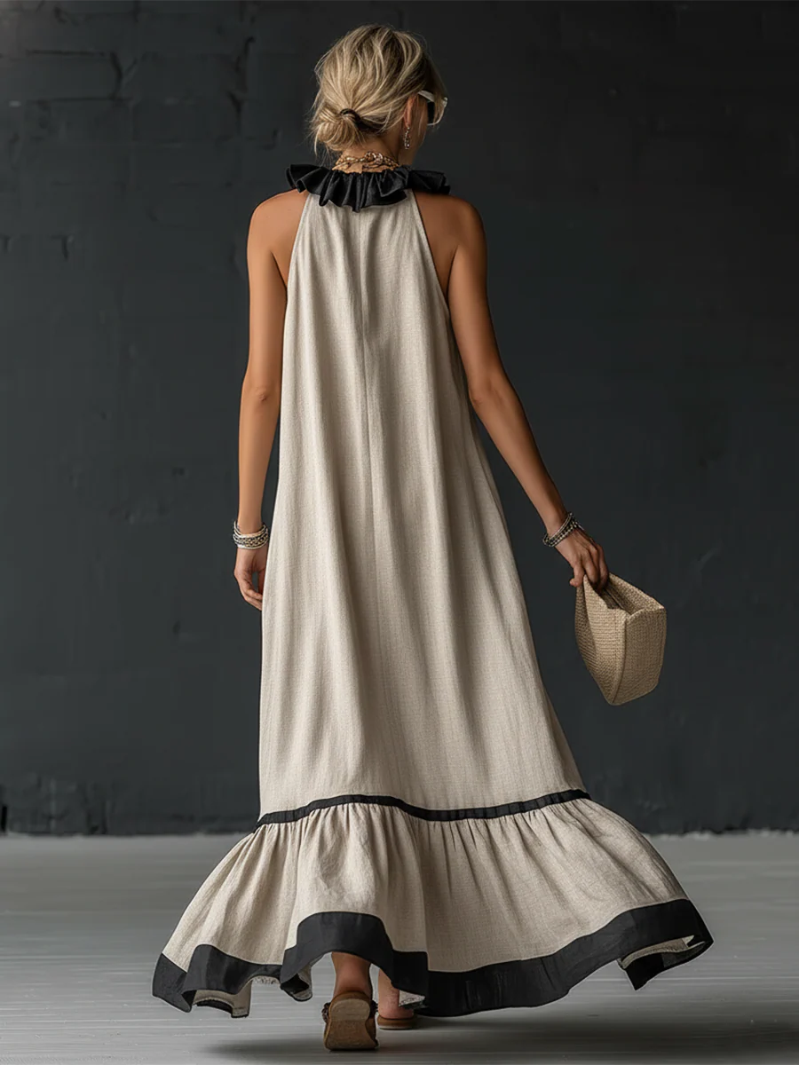 Sofia | Vestido Maxi com Babados e Detalhe Bicolor