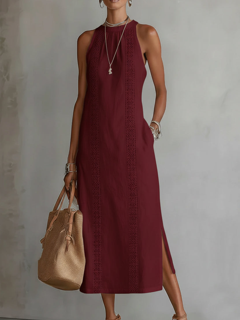 Beatriz | Vestido Midi de Linho com Renda e Gola Alta
