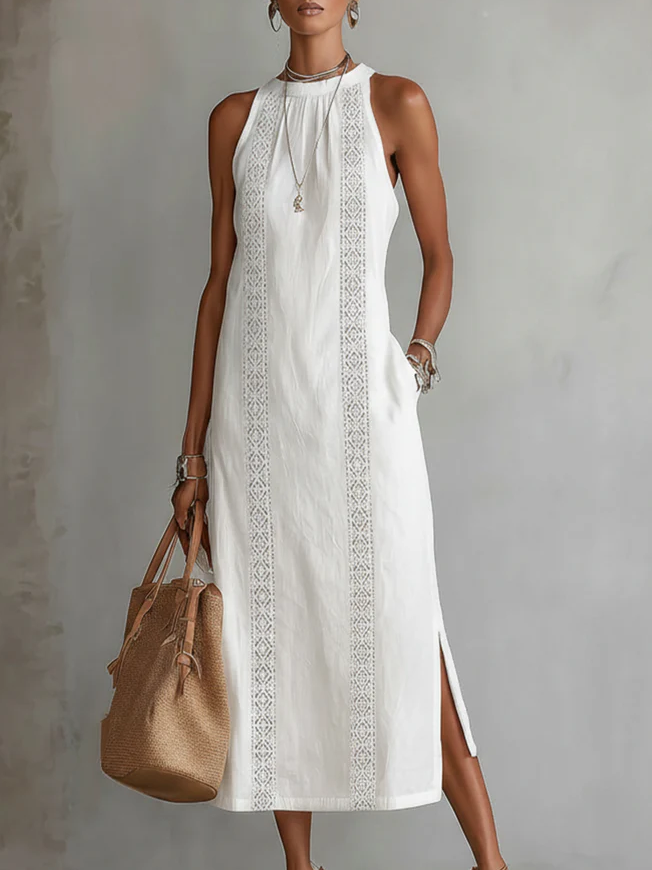 Beatriz | Vestido Midi de Linho com Renda e Gola Alta