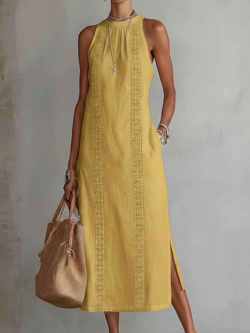 Beatriz | Vestido Midi de Linho com Renda e Gola Alta