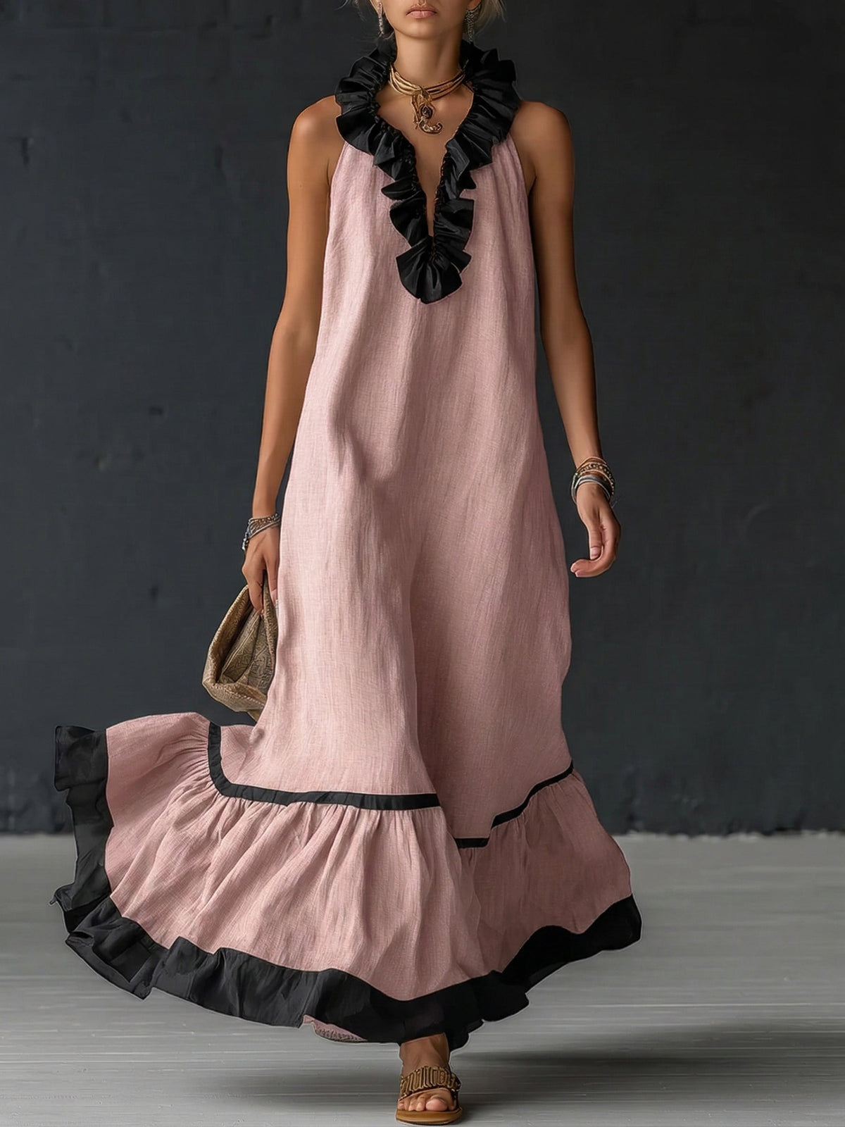 Sofia | Vestido Maxi com Babados e Detalhe Bicolor