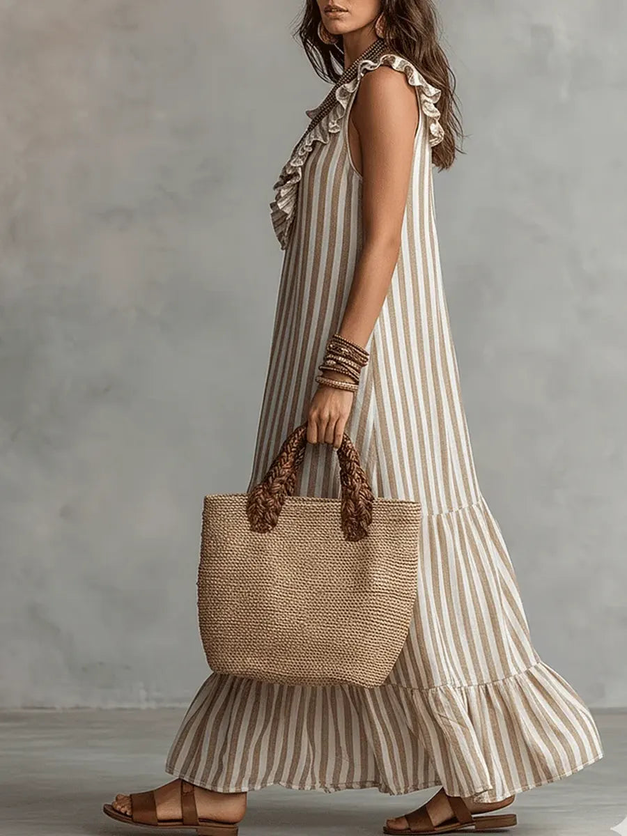 Isabel | Vestido de Algodão Listrado com Babados no Decote