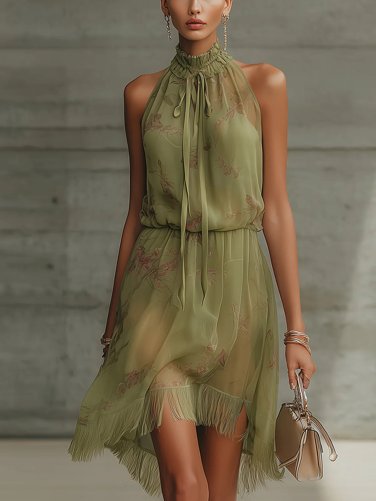 Ondina | Vestido Mini de Chiffon Verde Floral que Realza la Silueta