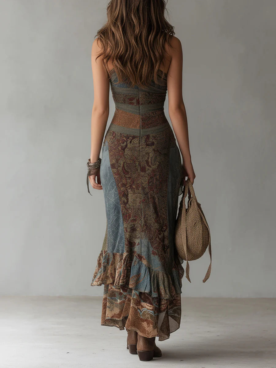 Elena | Vestido Longo Assimétrico com Estampa Étnica e Fenda Alta