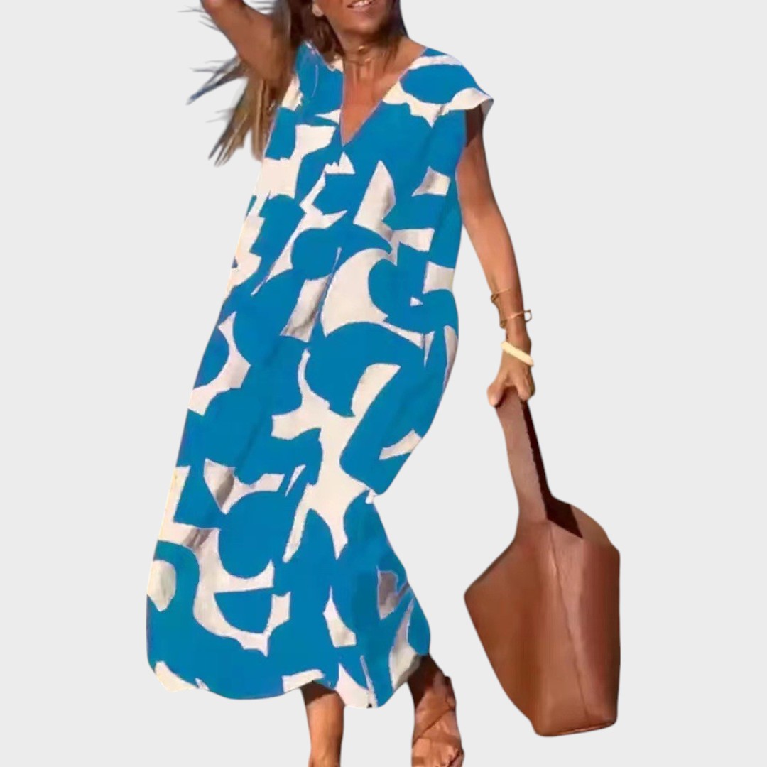 Mebelle | Vestido Midi com Decote em V e Estampa Gráfica em Preto e Branco