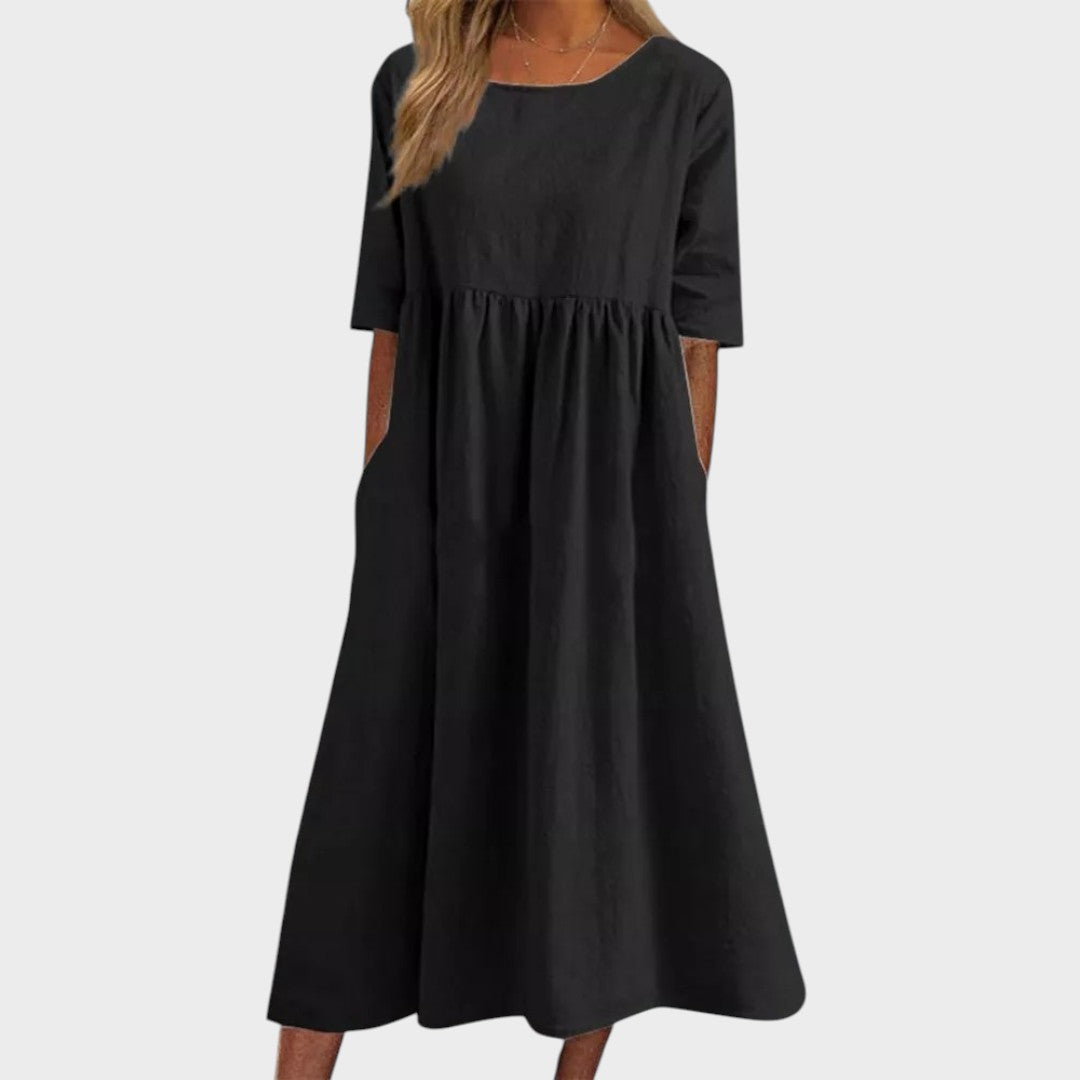 Lucia | Vestido de Algodão com Gola Redonda e Detalhe na Cintura