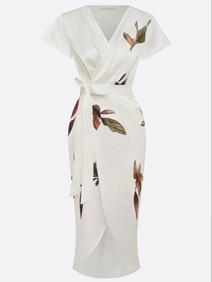 Matilde | Vestido Envelope Elegante com Estampa de Folhas